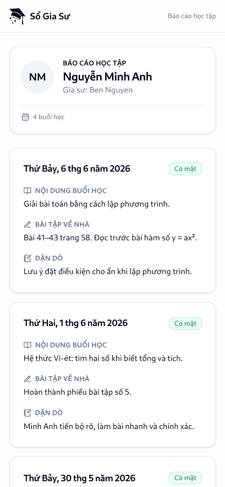 Báo cáo học tập của học sinh mà phụ huynh xem trên điện thoại